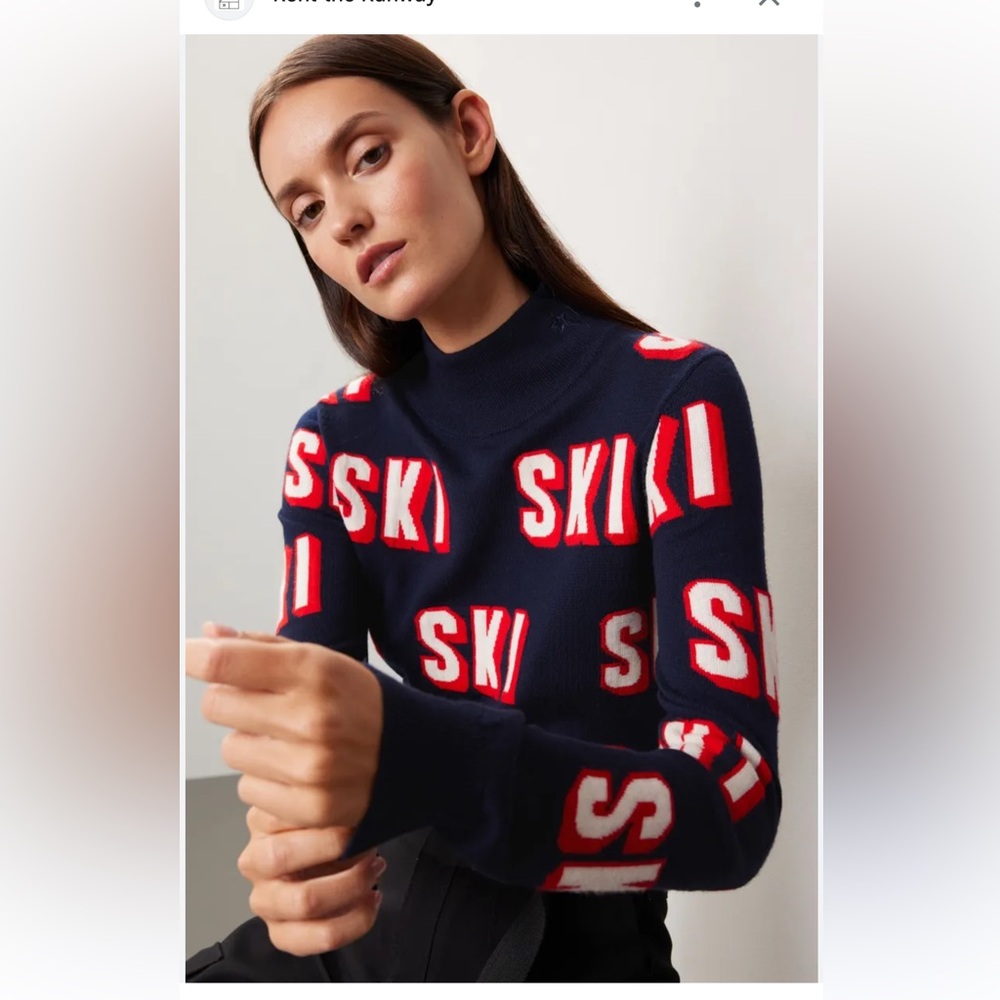 Perfect moment authentic 3D ski sweater navy red luxury women’s warm cozy L NWT
